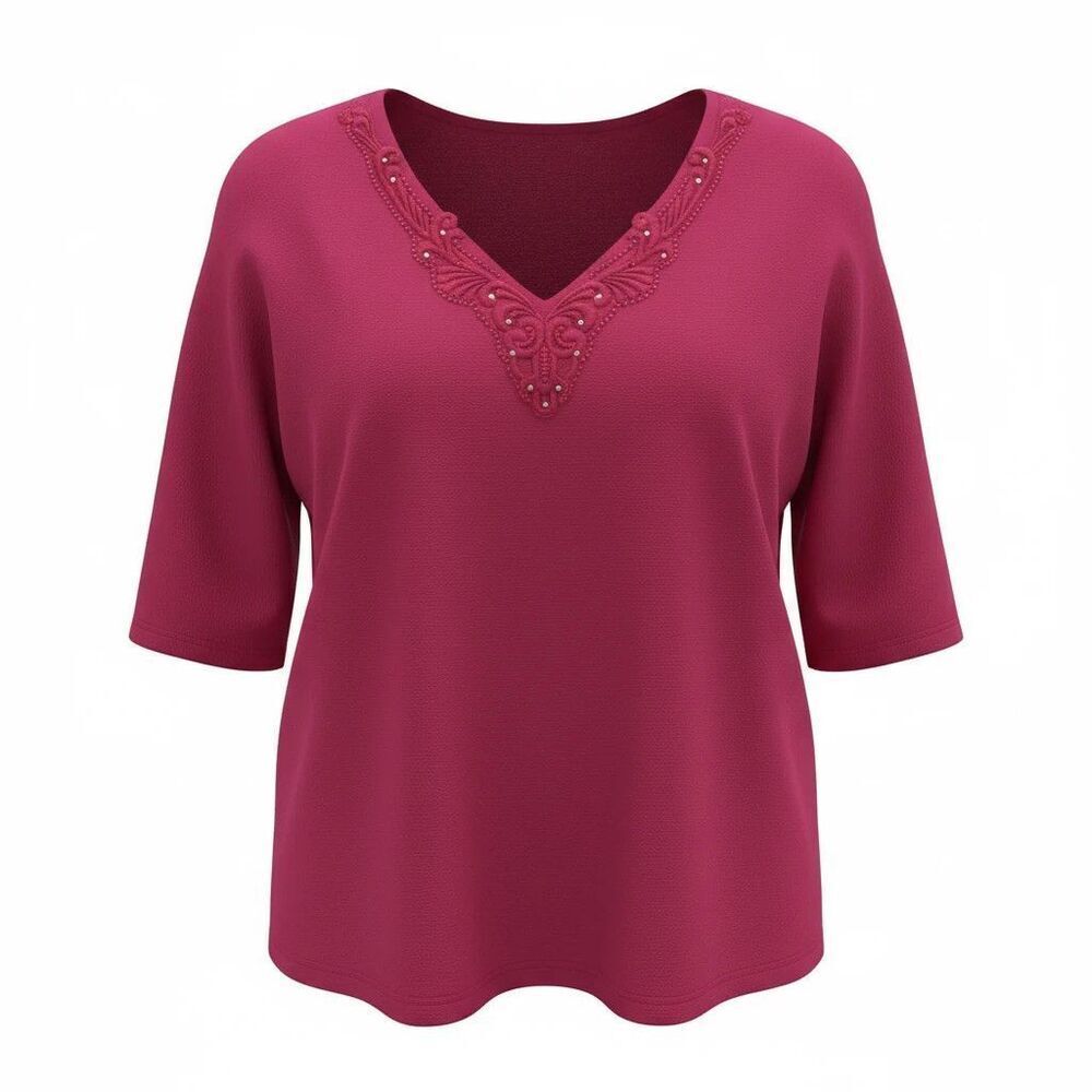 Susan Graver Vneck Blouse Womens Plus Size 1X Crochet Rhinestone Neckline Fuscia